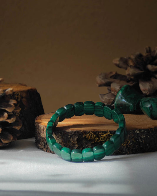 Bracelet en malachite perle plate pose sur rondelle de bois avec pomme de pin et pierre polie de malachite