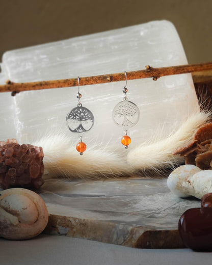 Boucles d’oreilles Cornaline Arbre de Vie acier sur roche plate avec pierres et épis blancs