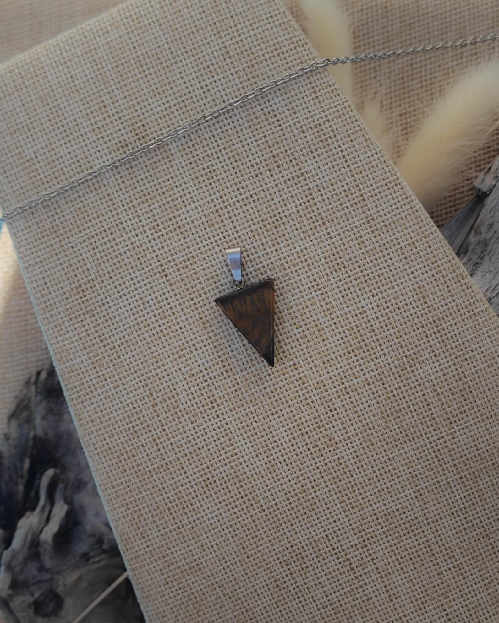 Vue de dessus du pendentif OEil de Tigre triangle avec attache en acier inoxydable